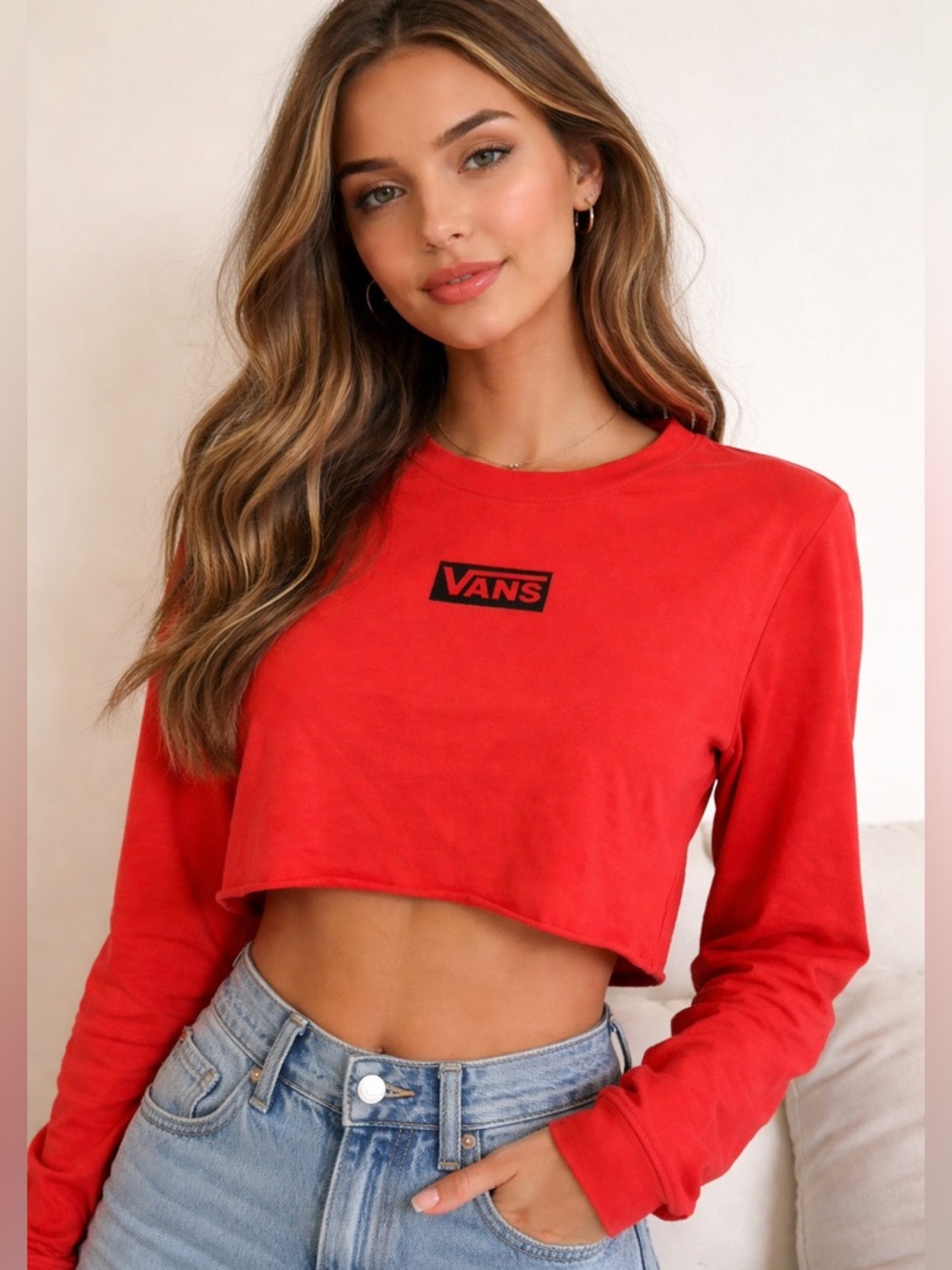 Vans Red/orange oversized Cropped Long-Sleeve Logo Top small